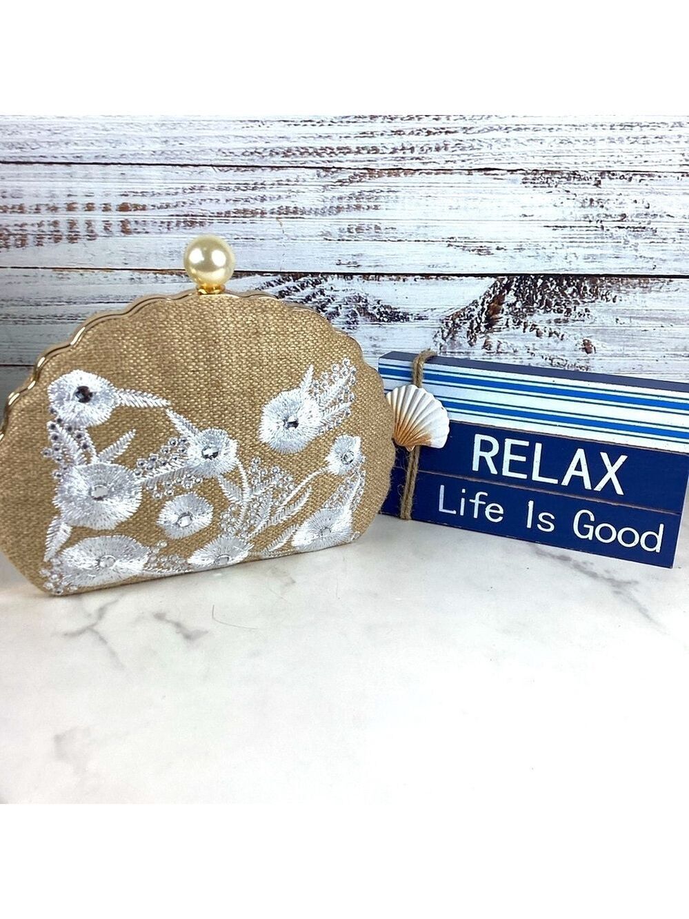 Haute Hippie Beach bag Tan Gold Floral Clutch Wristlet rhinestones embroidered - Picture 2 of 11